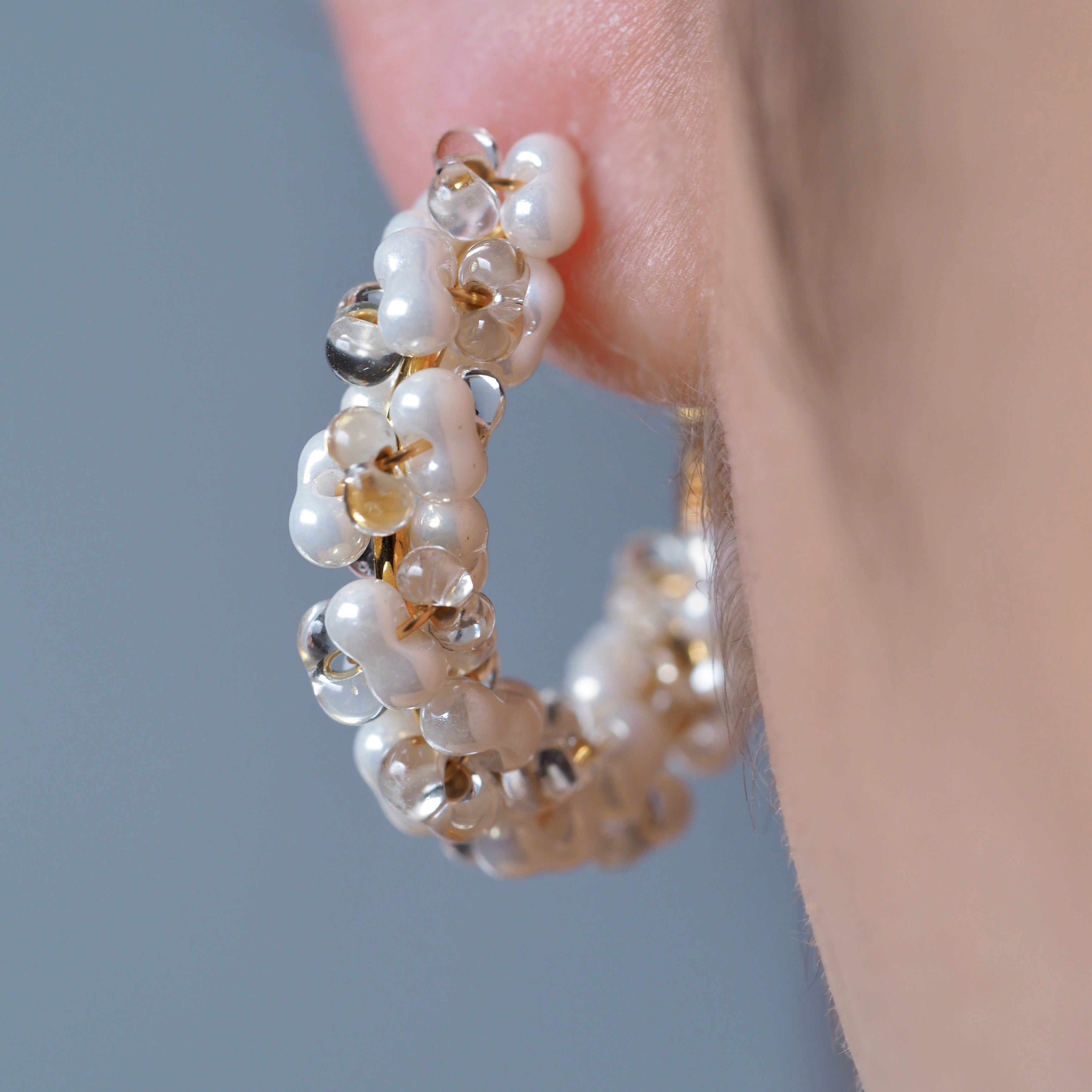 The Prism Pearl Hoops – styled, pearl and glass bead hoops handcrafted in Canada