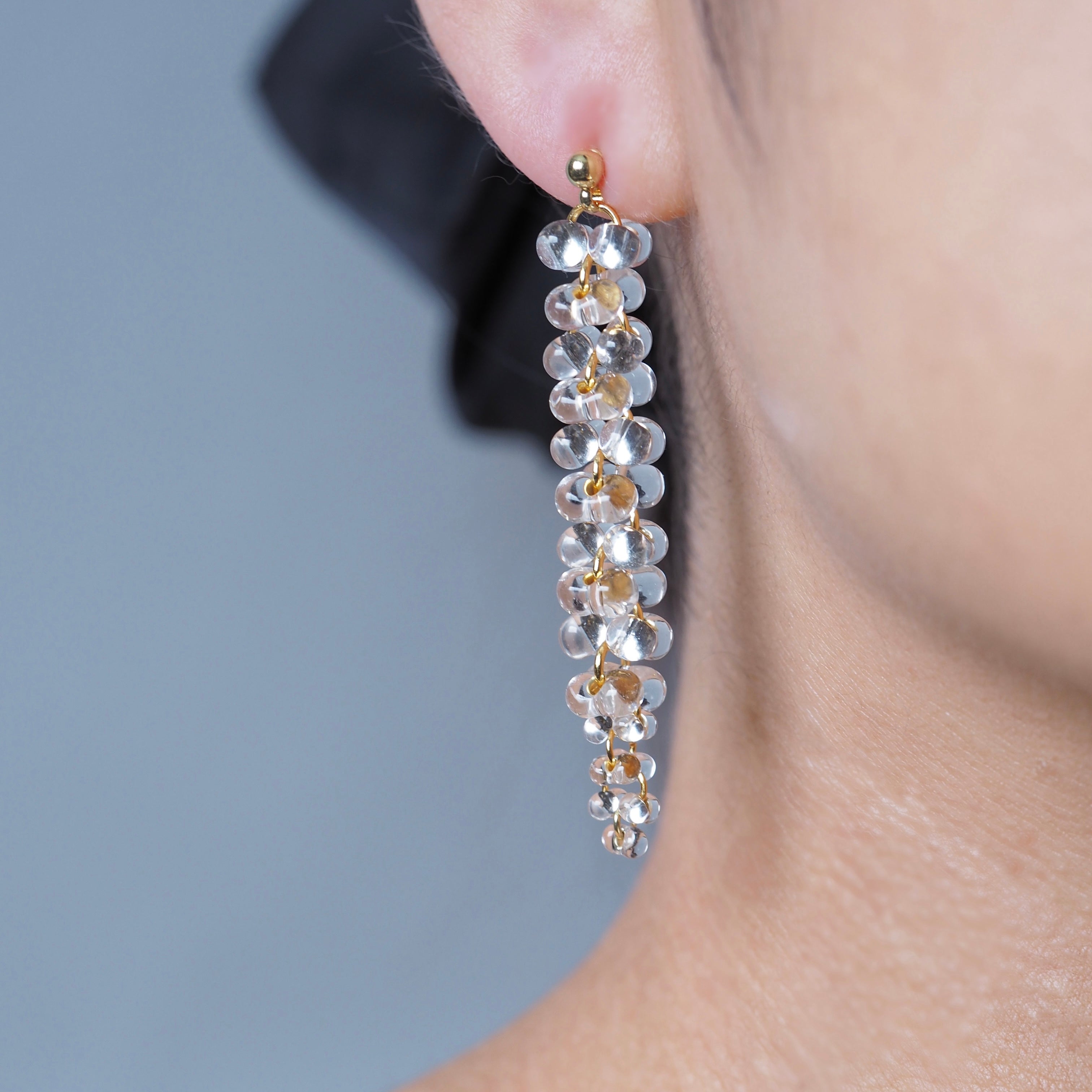 The Prism Drop – worn, modern glass bead drop earrings made in BC, Canada
