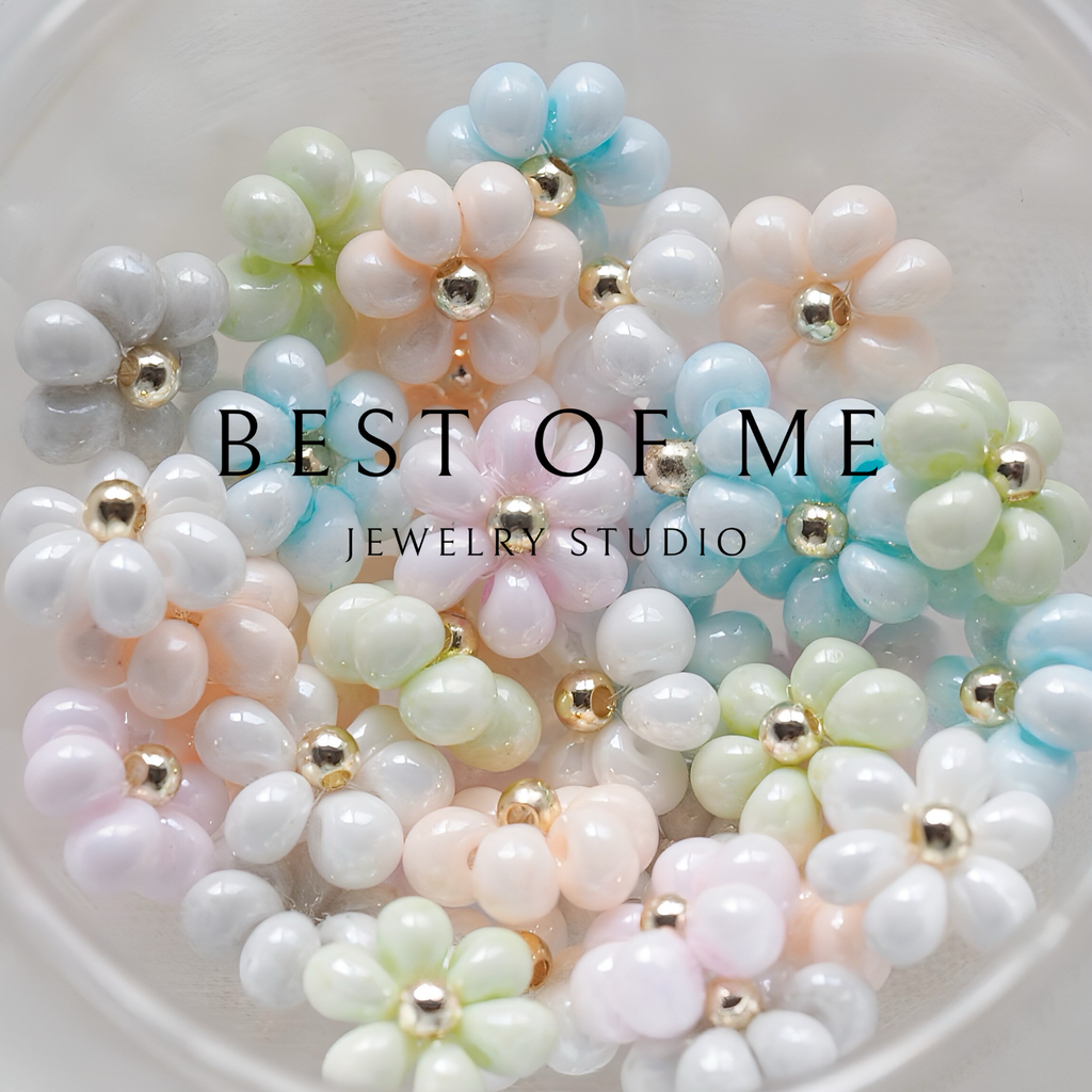 Pastel-colored beaded flower jewelry with 'Best of Me Jewelry Studio' text on a white background