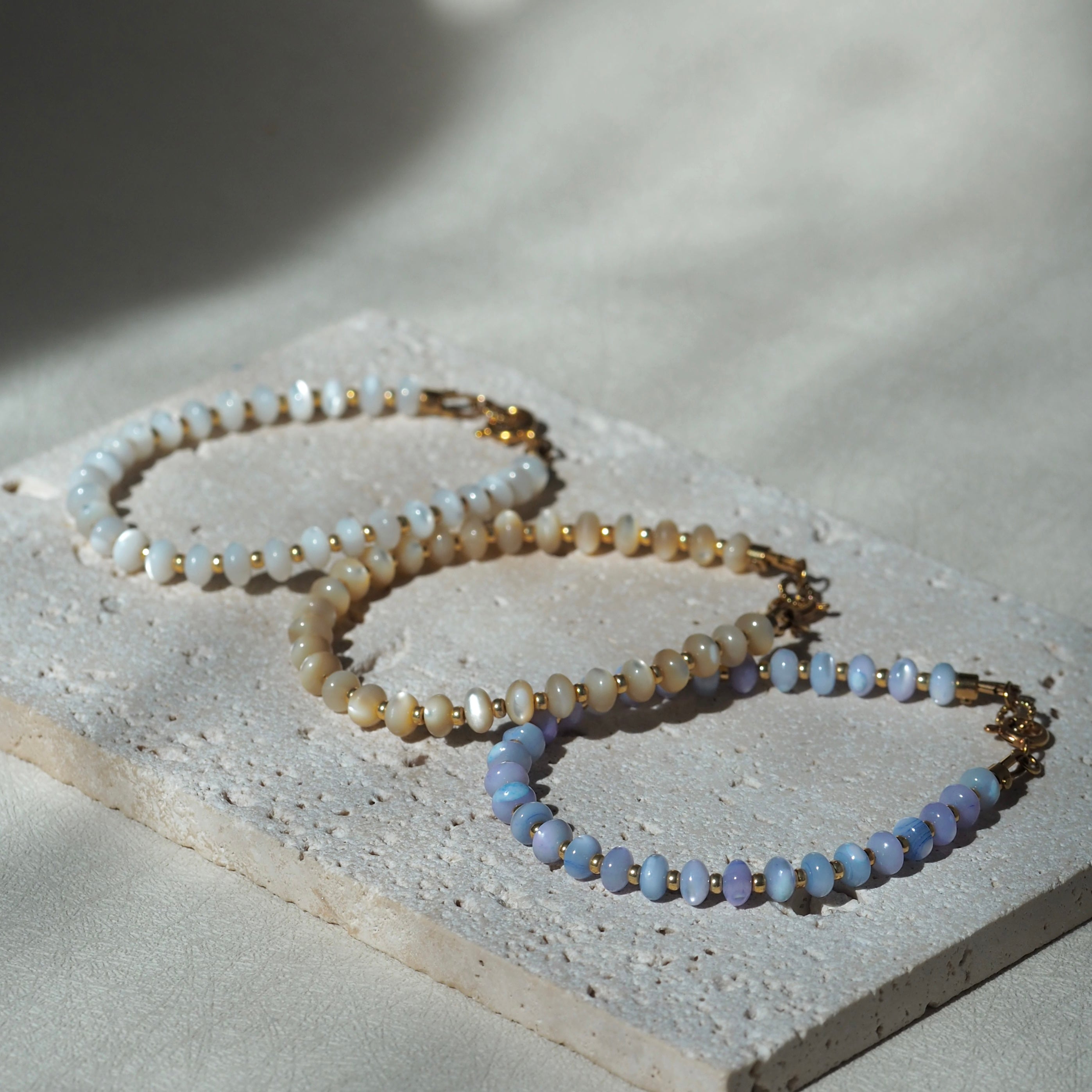 Dreamtide Collection three colors Shore Dune Tide, handcrafted glass bead bracelets Canada