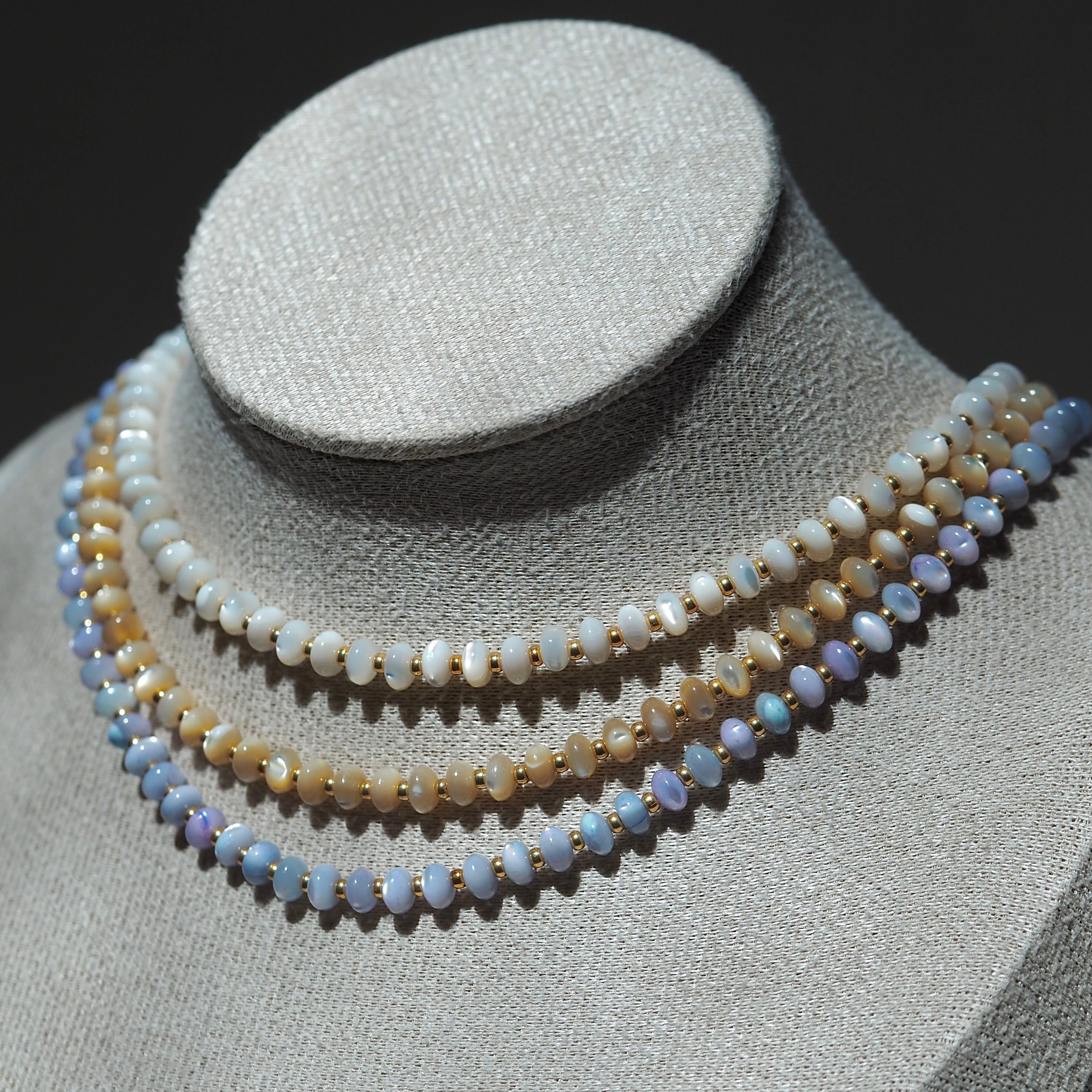 Dreamtide Choker layered with gold chain necklace, minimalist beaded choker handmade in BC Canada