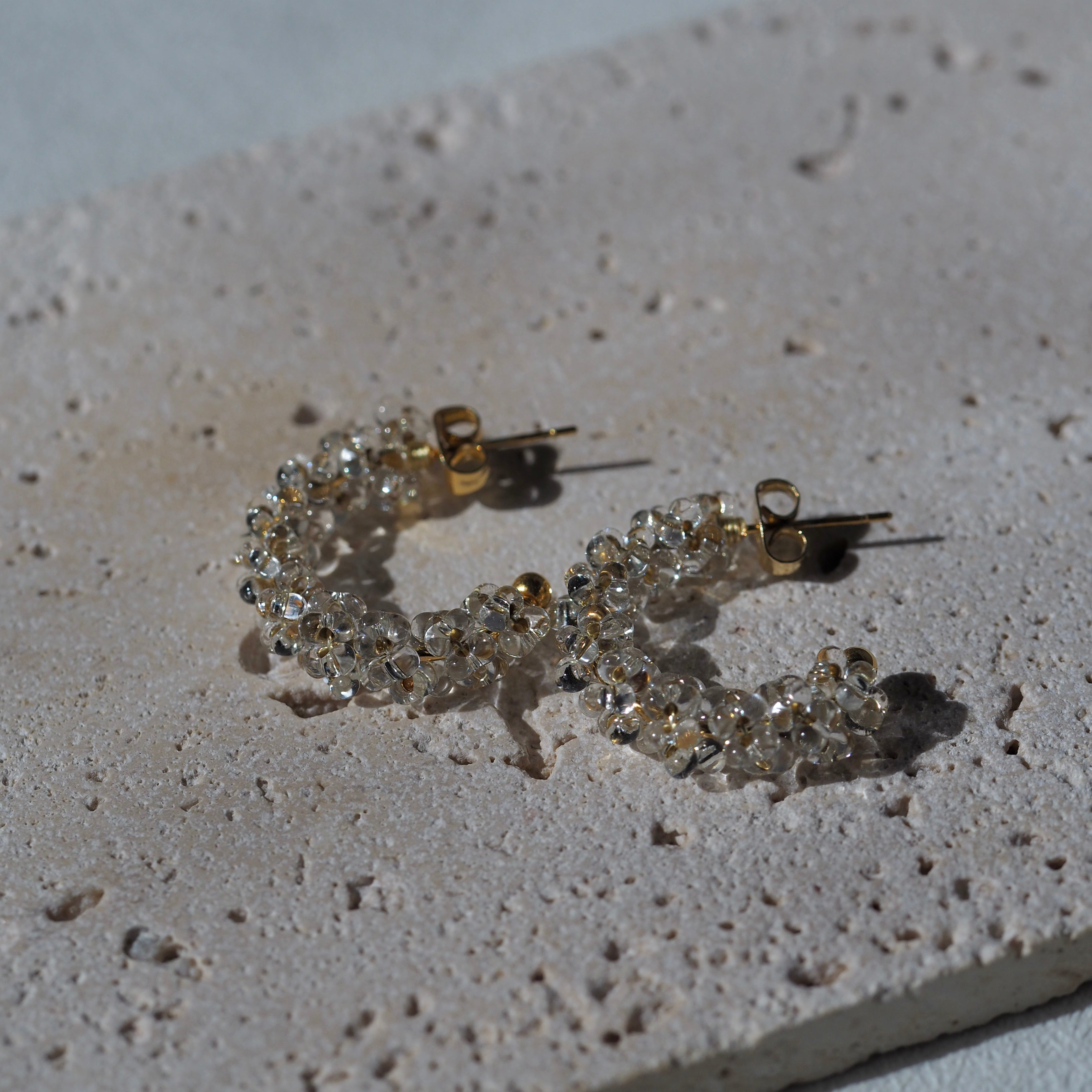 The Prism Hoops – clear glass bead hoop earrings made in British Columbia
