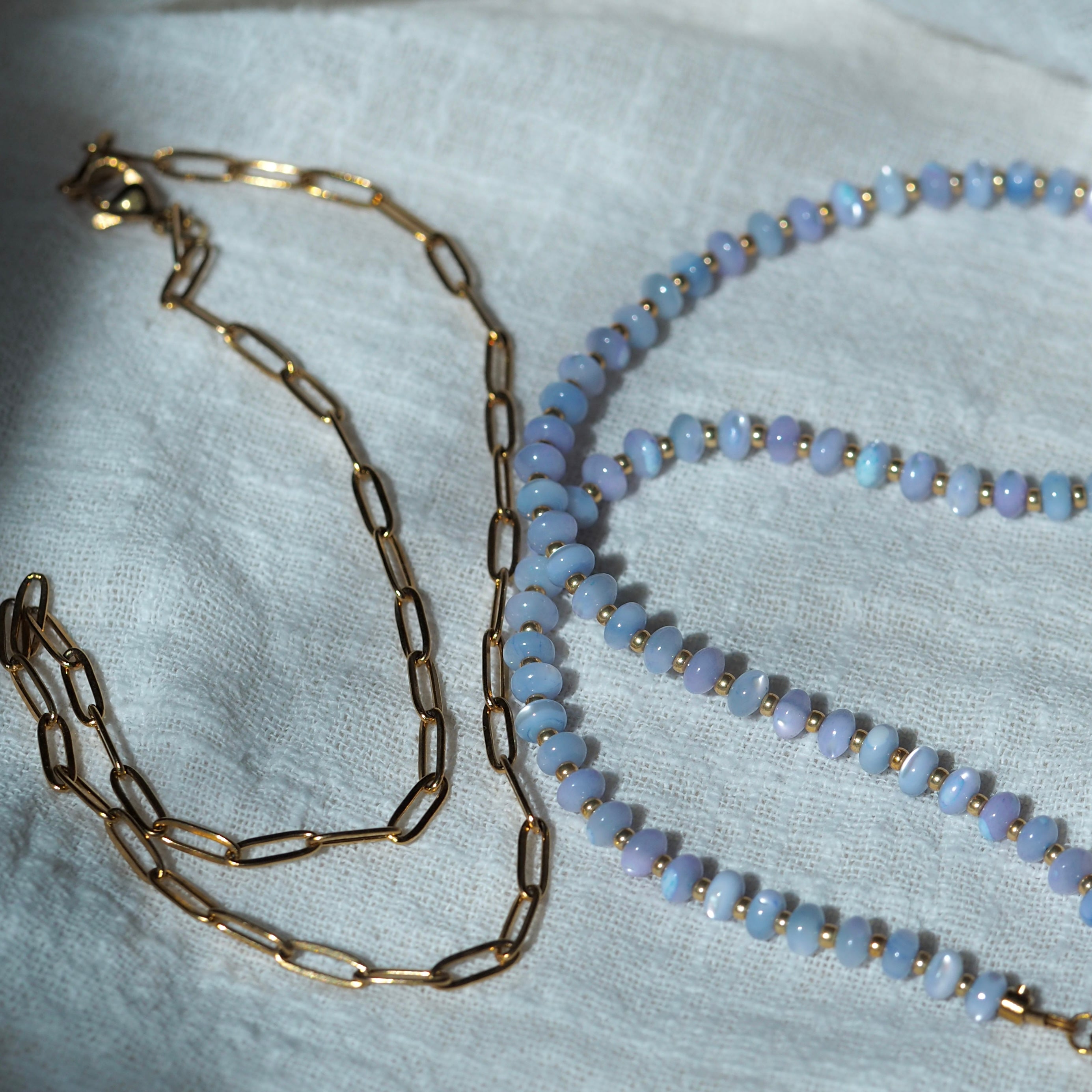 Dreamtide Tide choker necklace with gold paperclip chain, handmade glass bead jewelry Canada