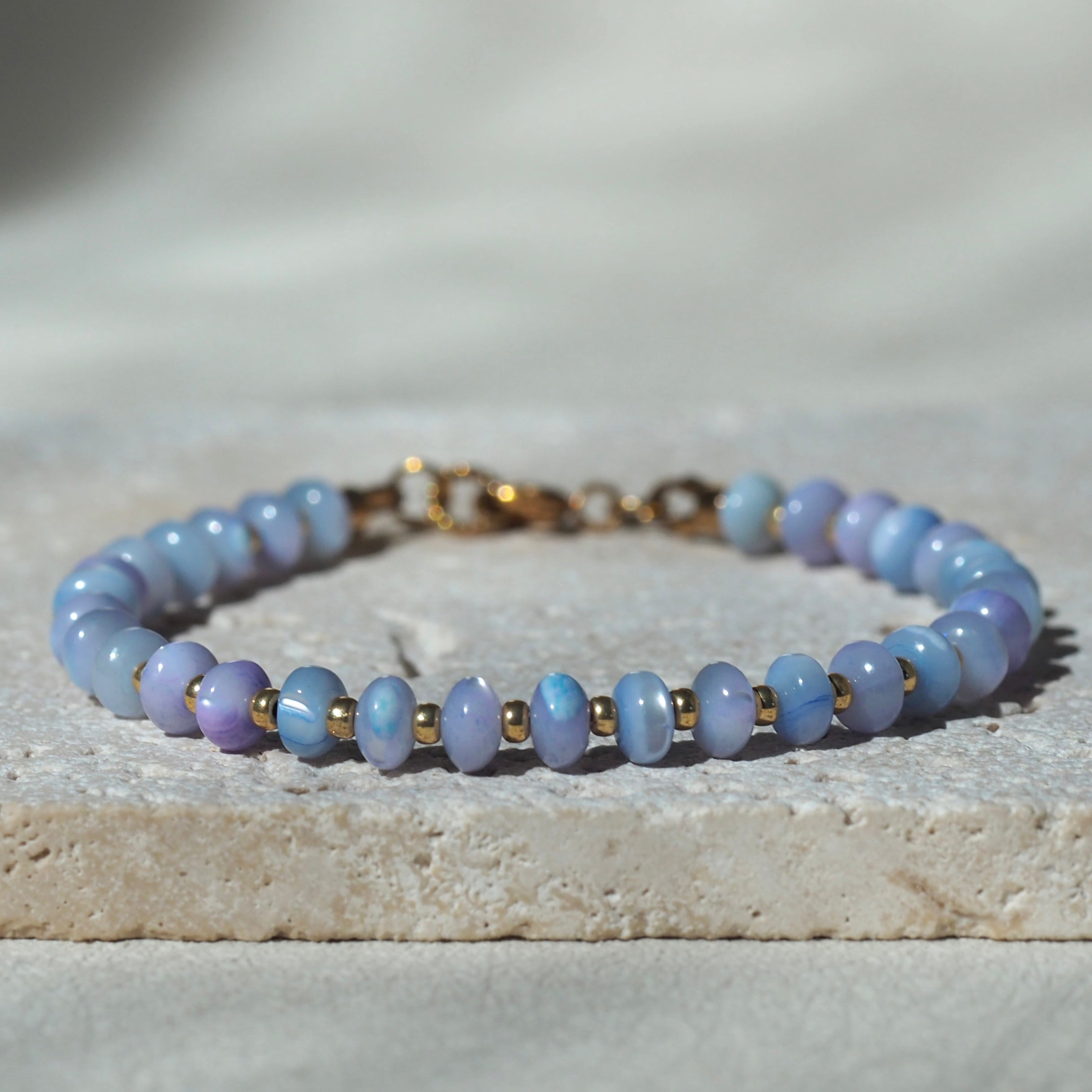 Dreamtide Tide handcrafted blue violet iridescent glass bead bracelet, made in BC Canada