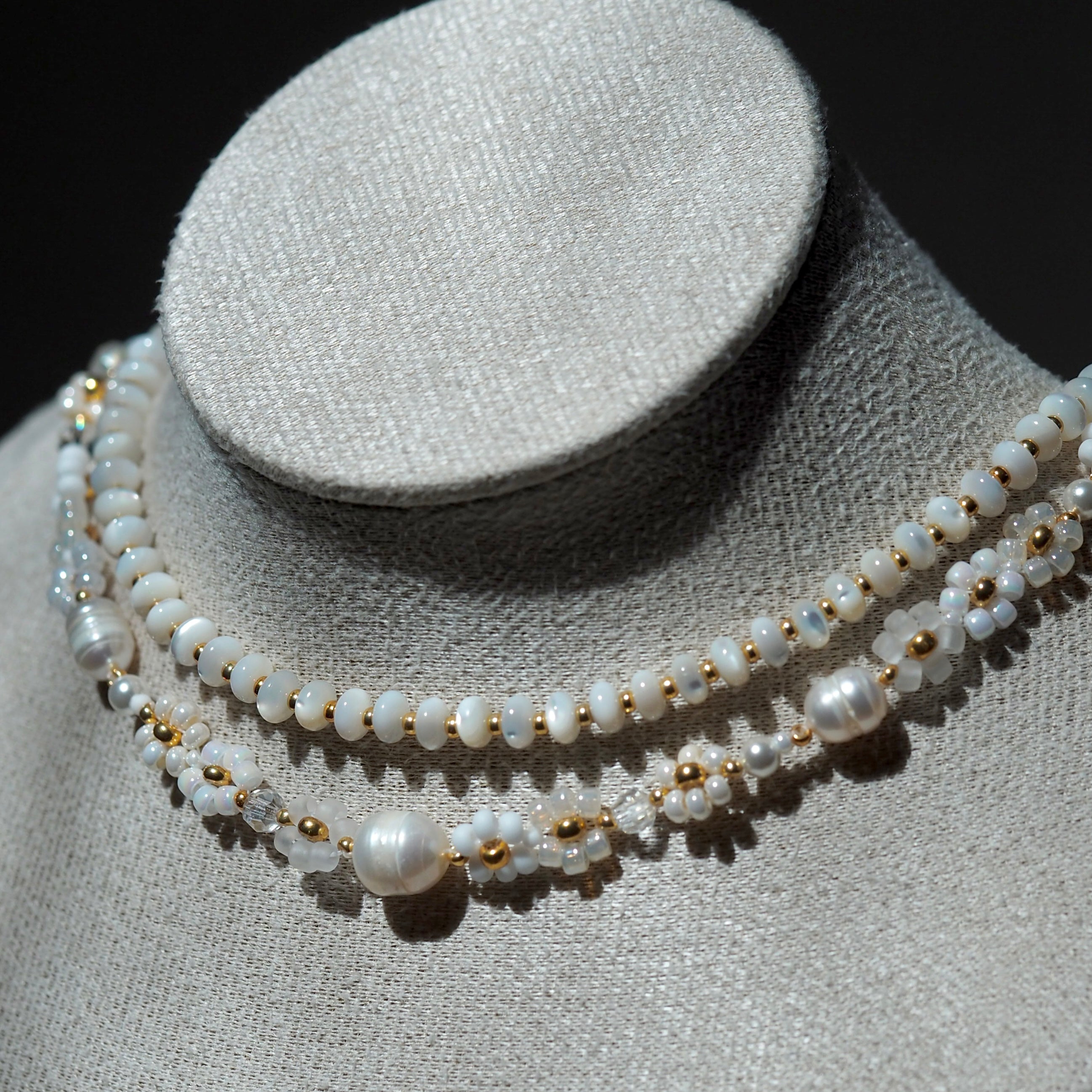 Dreamtide Shore choker layered with The Pearl Meadow, elegant bridal wedding necklace stack handcrafted in BC Canada