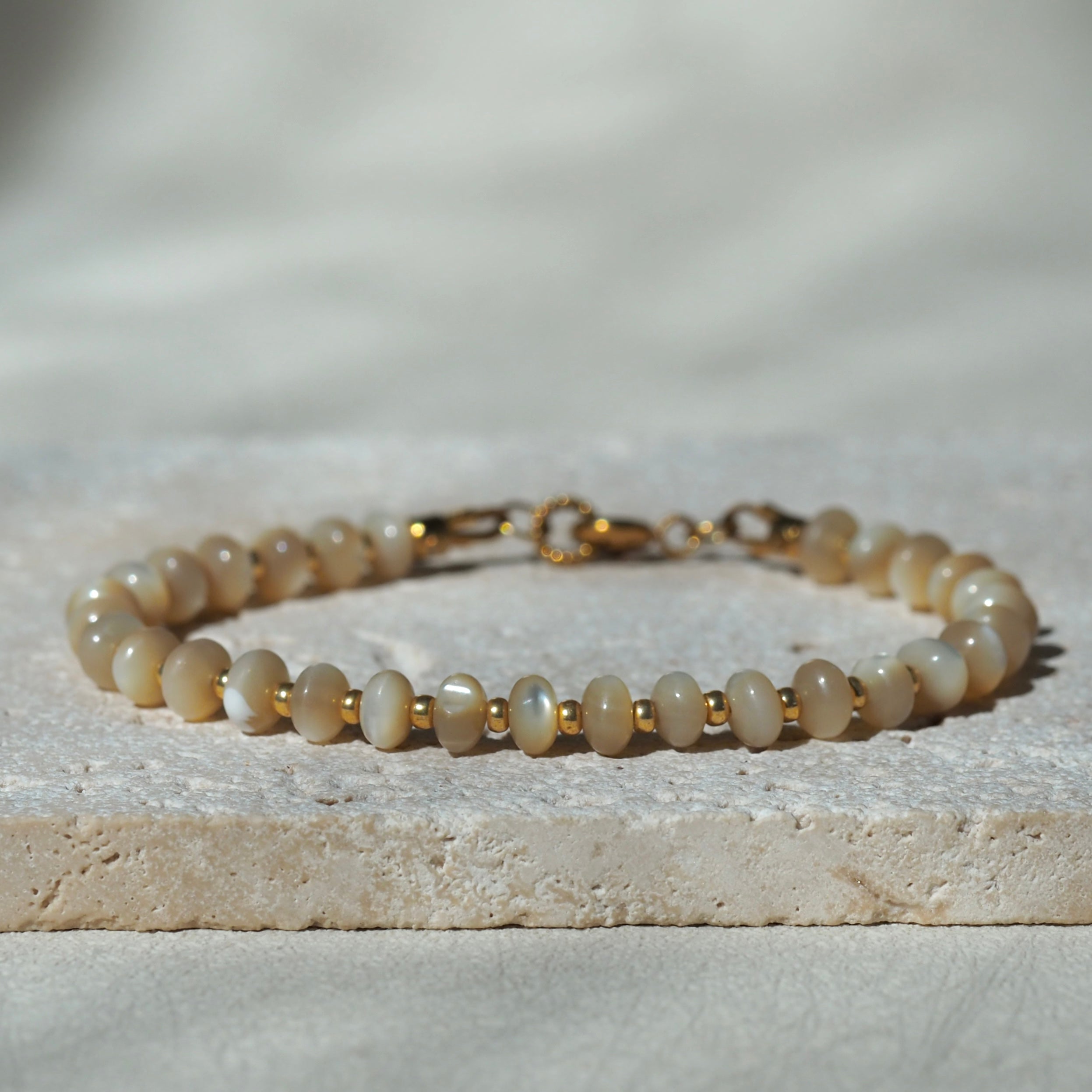 Dreamtide Dune handcrafted beige glass bead bracelet, made in BC Canada