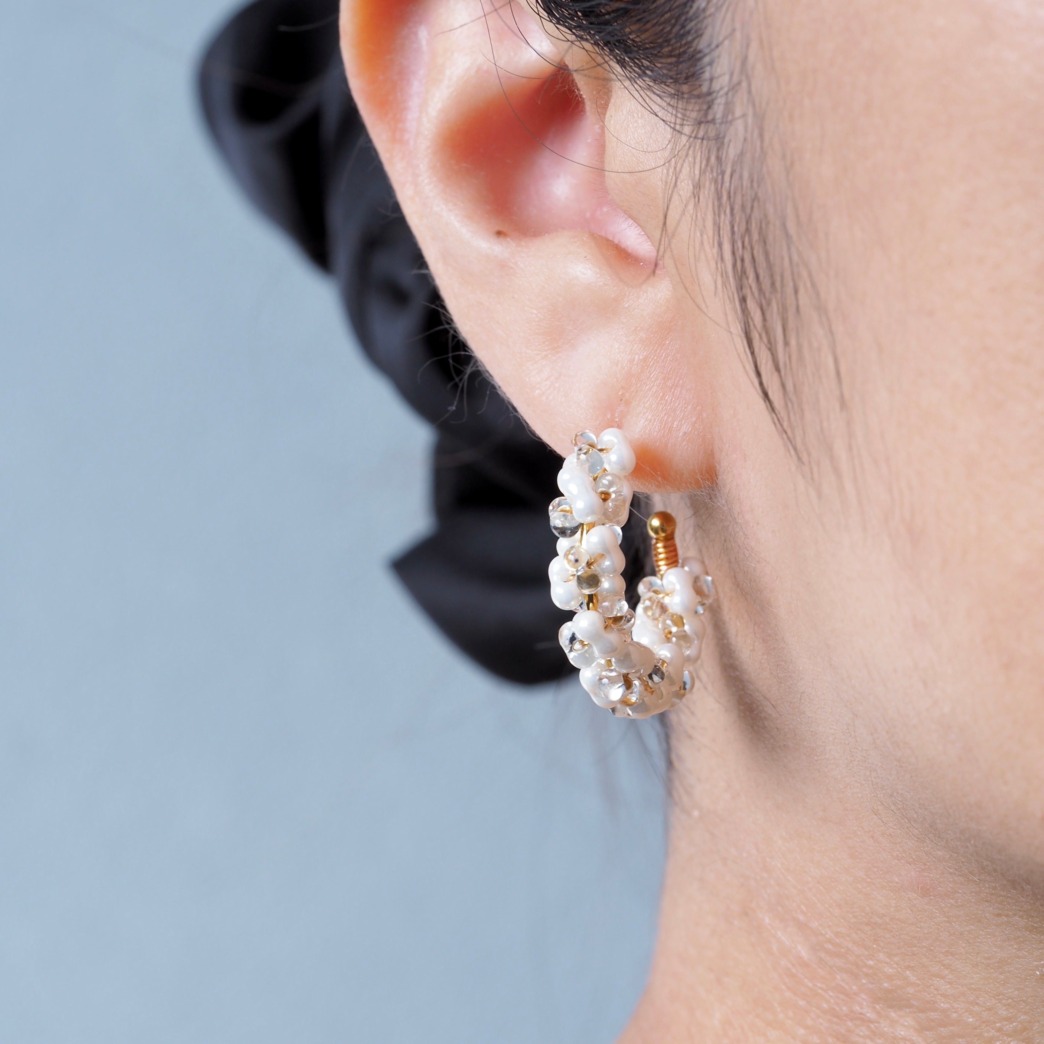 The Prism Pearl Hoops – worn, modern glass bead hoops made in BC, Canada