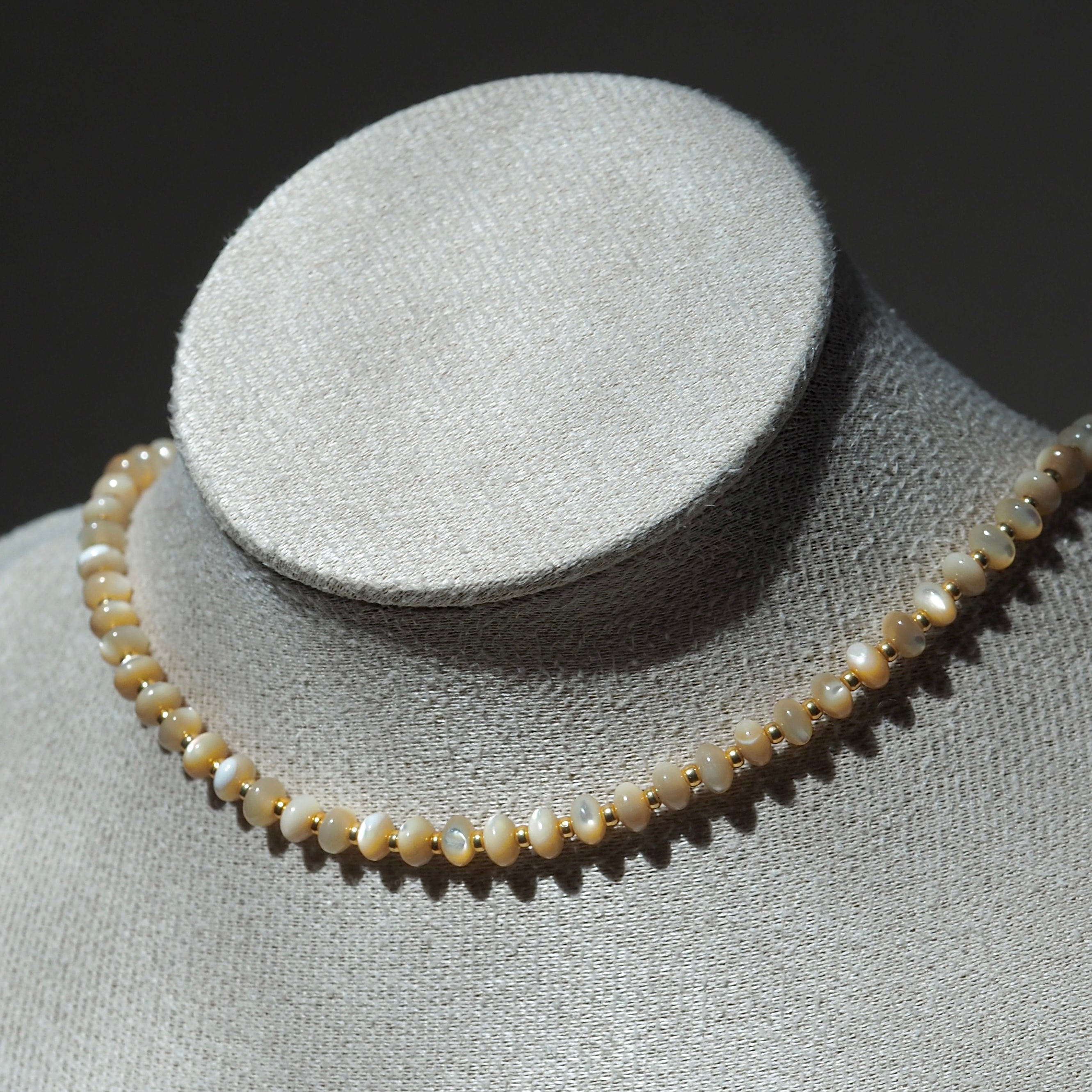 Dreamtide Dune beige iridescent glass bead choker necklace, handmade in British Columbia Canada