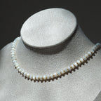 Dreamtide Shore white iridescent glass bead choker necklace, handcrafted in BC Canada