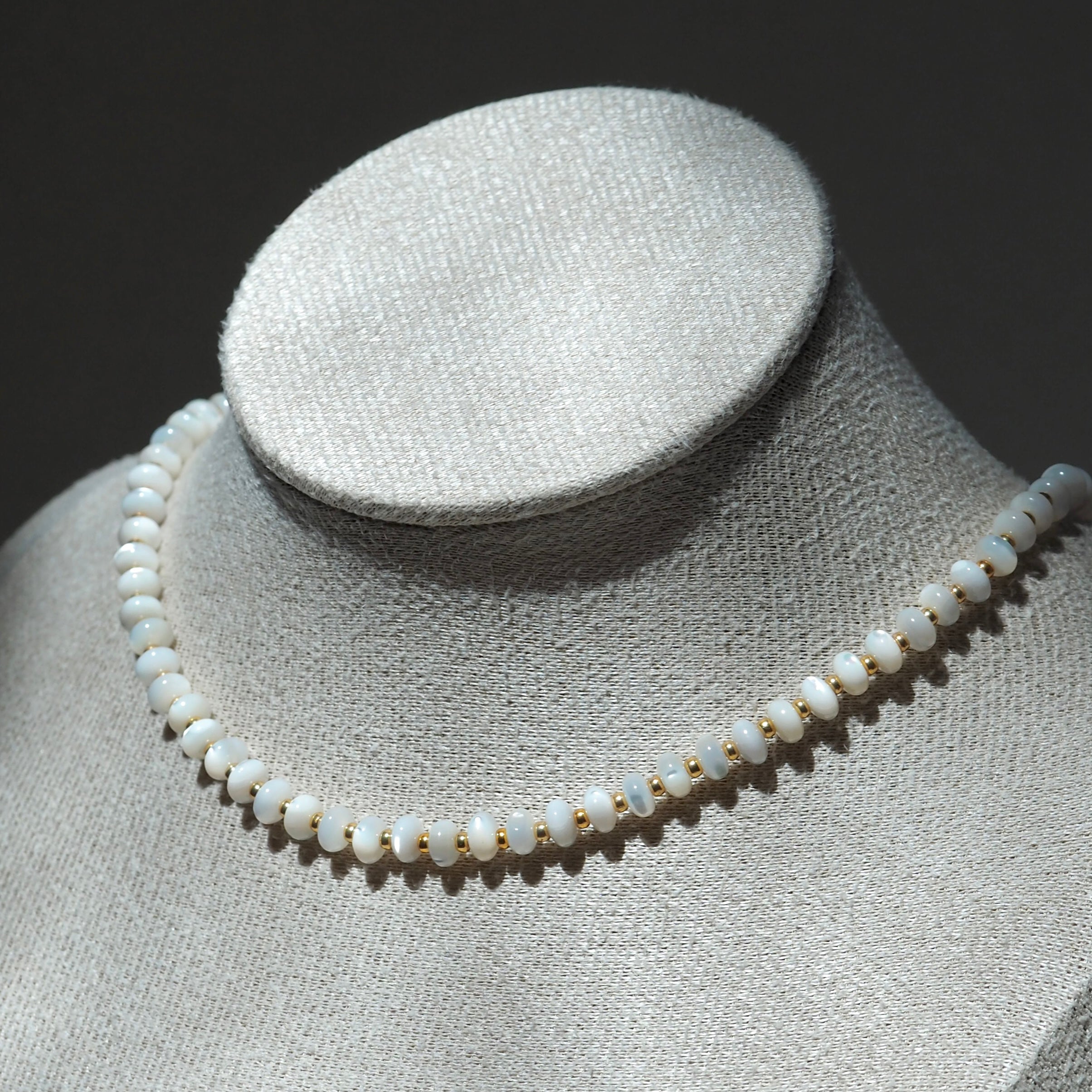 Dreamtide Shore white iridescent glass bead choker necklace, handcrafted in BC Canada