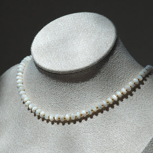 Dreamtide Shore white iridescent glass bead choker necklace, handcrafted in BC Canada