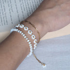 Dreamtide bracelet stack on wrist, minimalist glass bead jewelry handmade in British Columbia